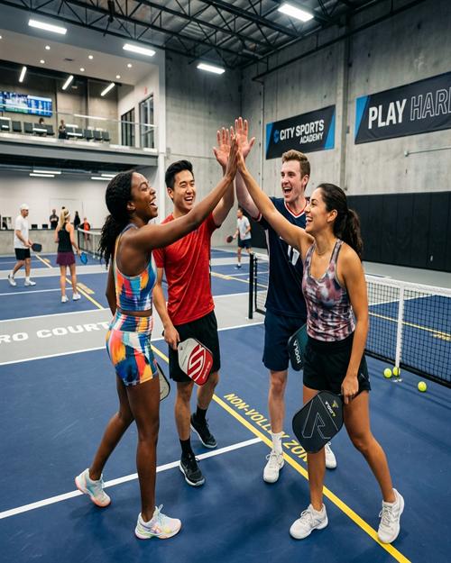 Happy pickleball players at Pickle Loft venue