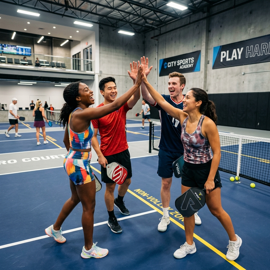 Happy pickleball players at Pickle Loft venue
